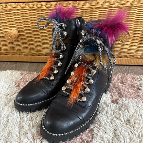 CECILIA NEW YORK Black Leather Trekker Boots with Multicolor Fur Trim - Picture 6 of 12